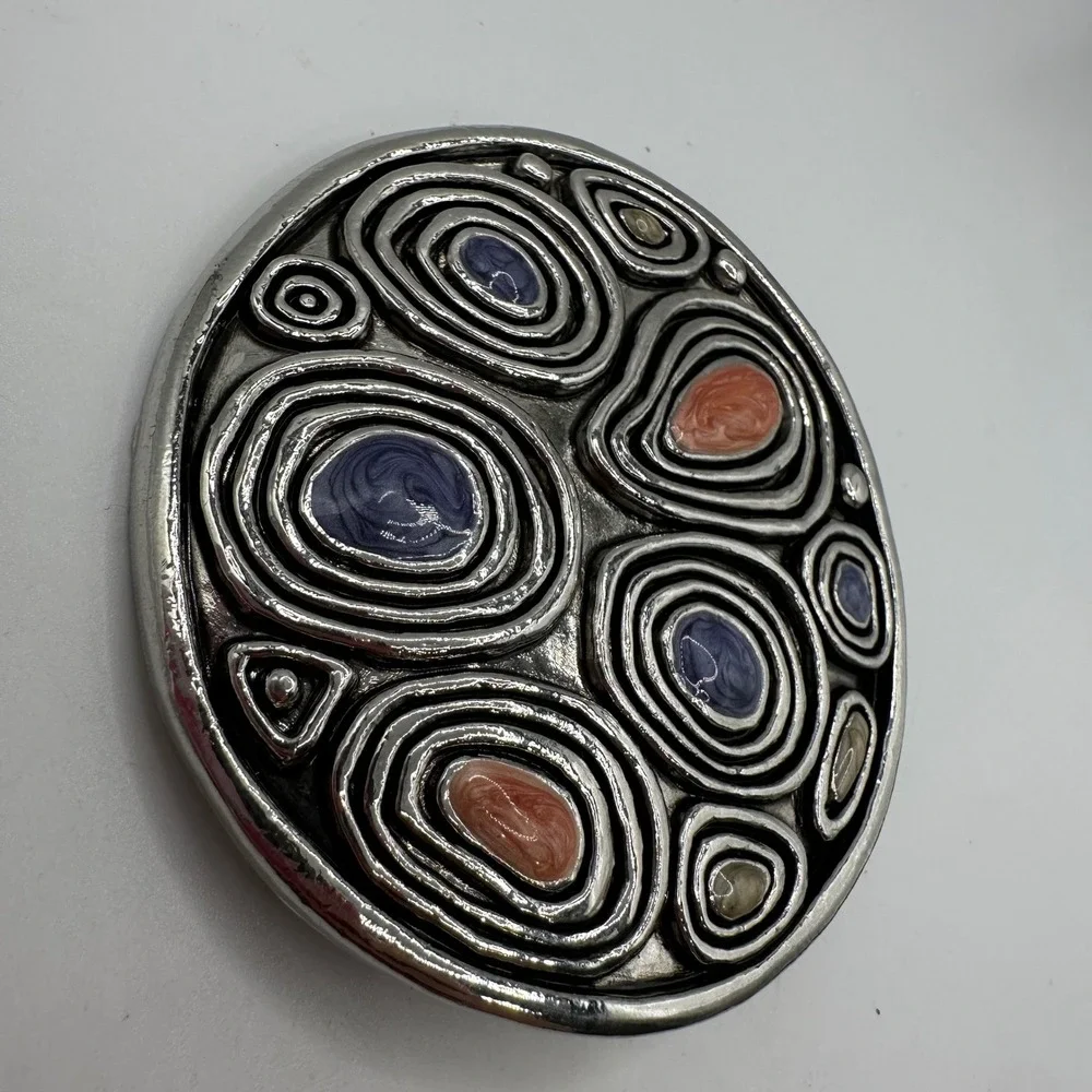 VTG Silver Tone Round Belt Buckle Purple Coral Enamel Swirl Statement Boho Retro